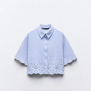 NWT Zara Cropped Embroidered Eyelet Button Down Top